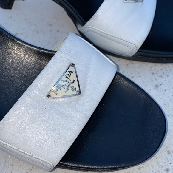 Auth Prada Milano leather logo slipper slide sandals Italy black kitten heels - Picture 7 of 7